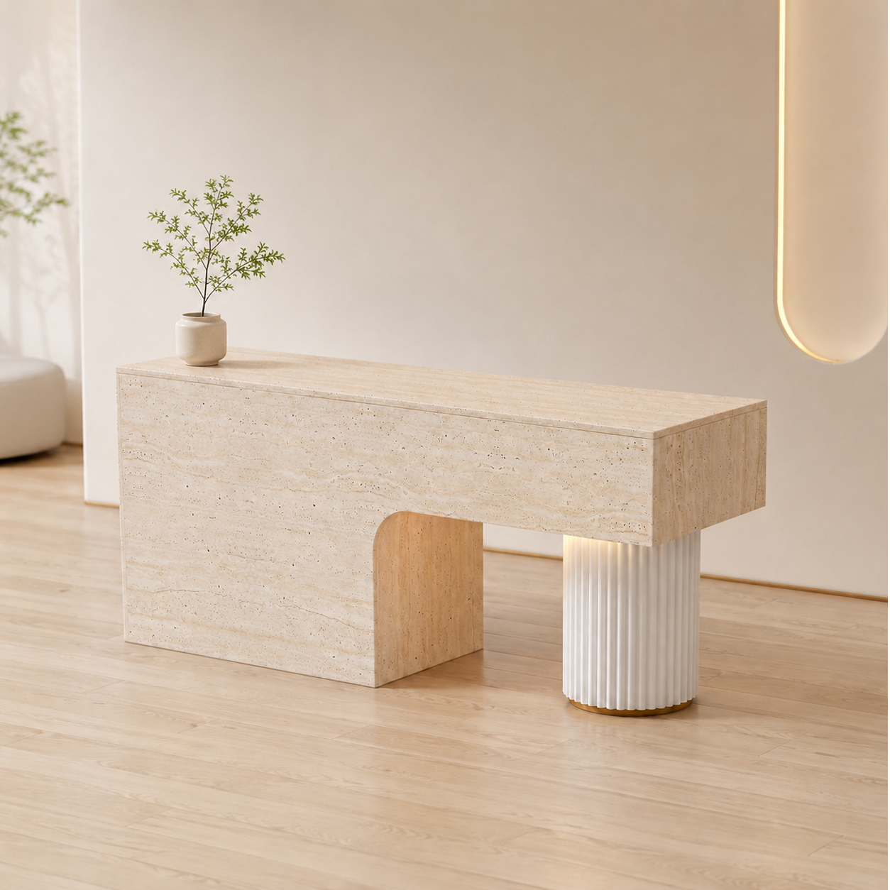 Travertine-Look Reception Desk with Fluted Column and LED Accent