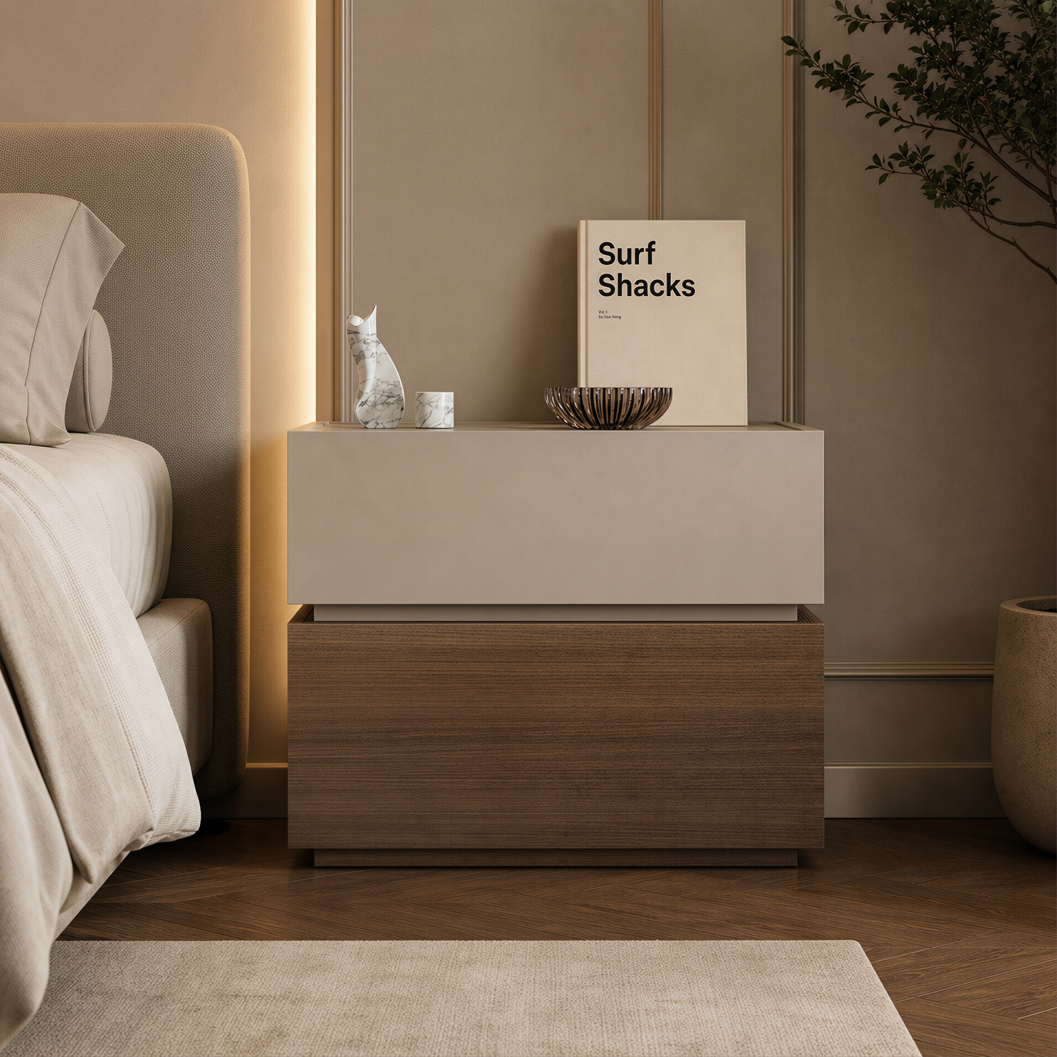 Contemporary Timber Bedside Cabinet with Raised Storage Tray