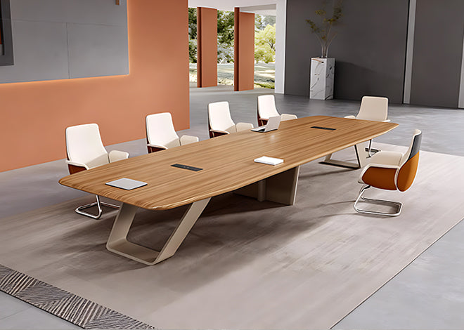 Modern Conference Table with Oak Top and Angled Steel Legs