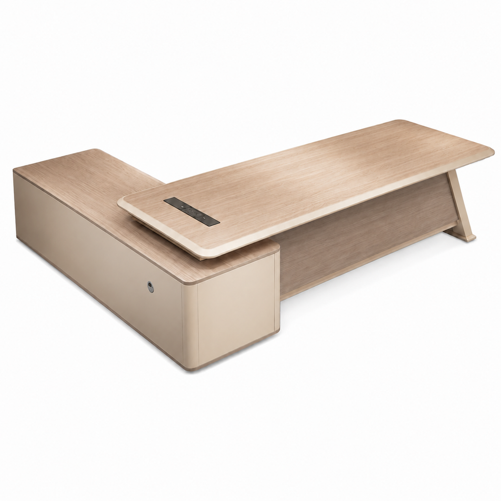 Modern Light Oak Executive Office Desk with Privacy Panel and Side Cabinet
