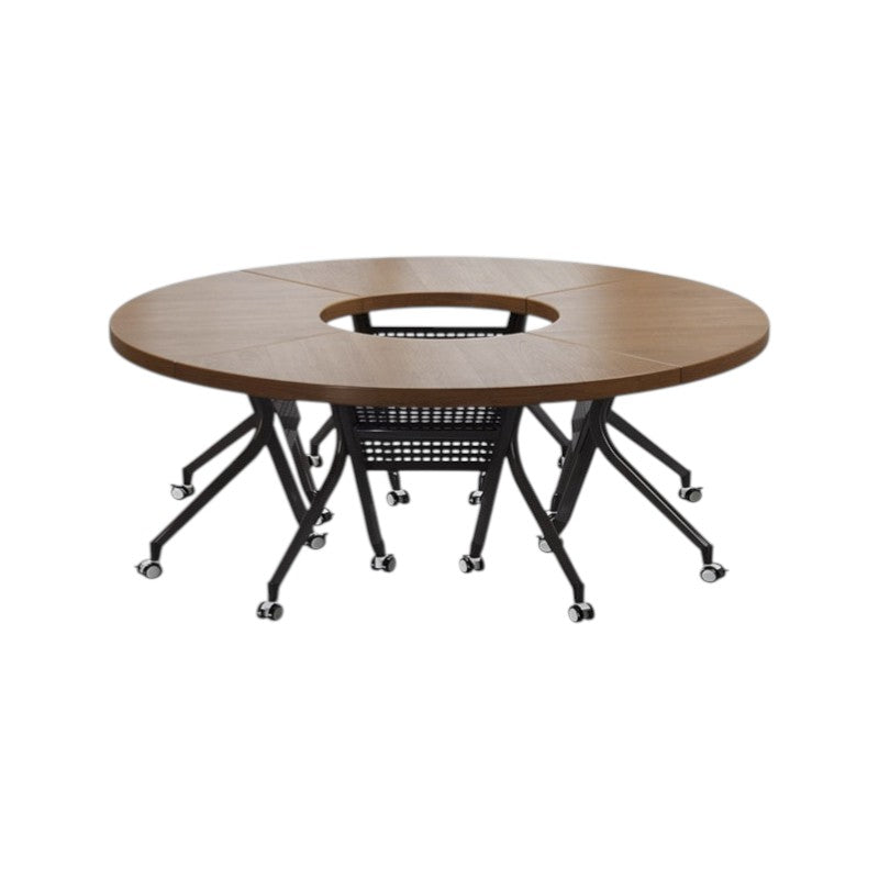 Modular Circular Meeting Table System with Mobile Folding Legs for Collaborative Office Spaces