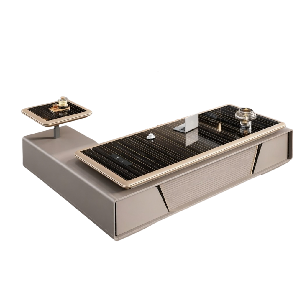 Luxury Black Glass-Top Executive Desk with Lift Side Table and Fluted Front Panel