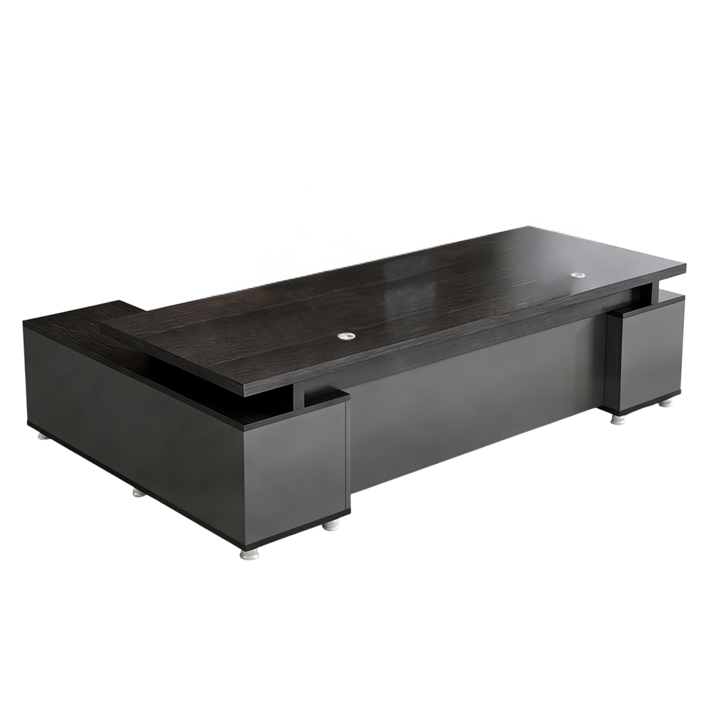 Modern Executive Office Desk With Return, Lockable Storage, Cable Grommets, Two-Tone Finish
