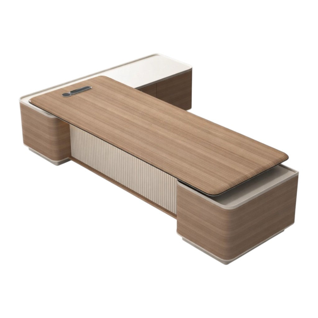 Sophisticated Grand Scale Executive Timber Desk featuring Integrated Side Return and Ambient Lighting