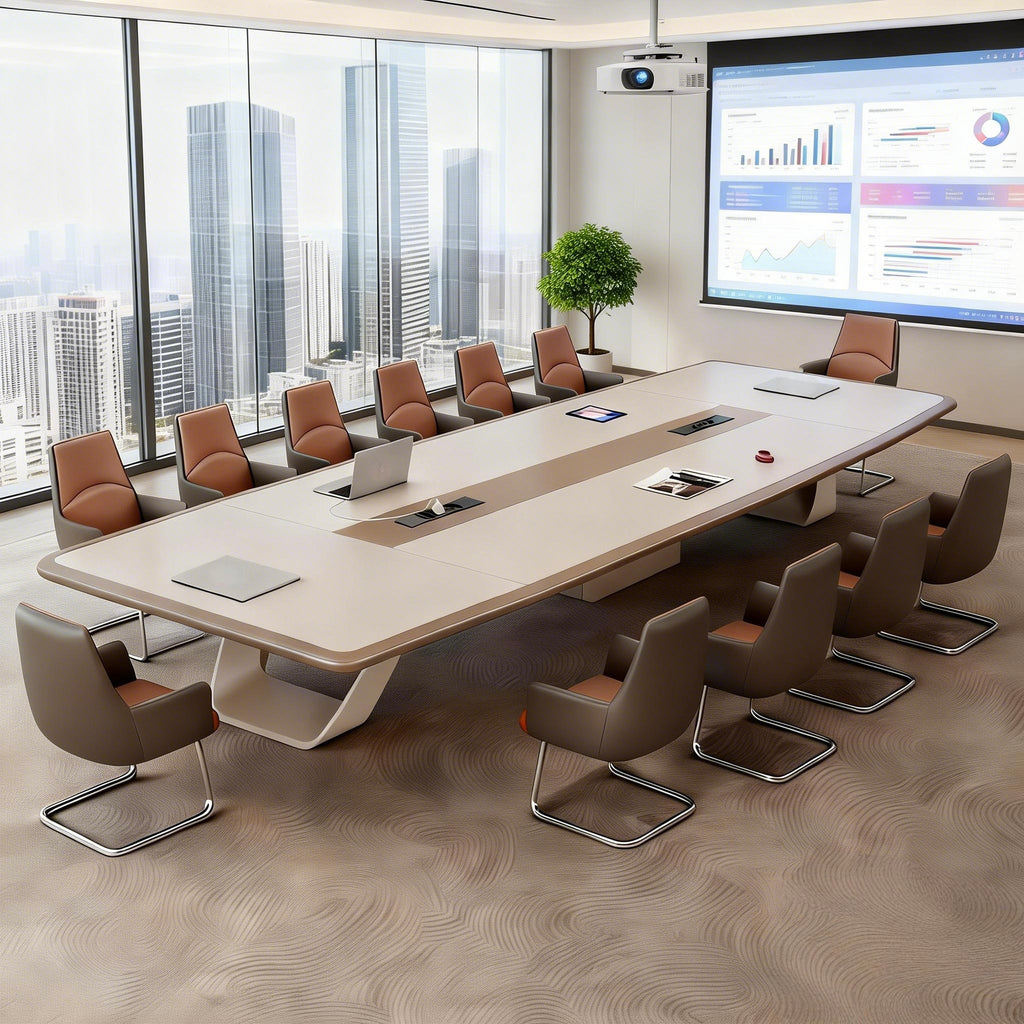 Premium Boardroom Table with Integrated Power Outlets and Sturdy U-Shaped Base