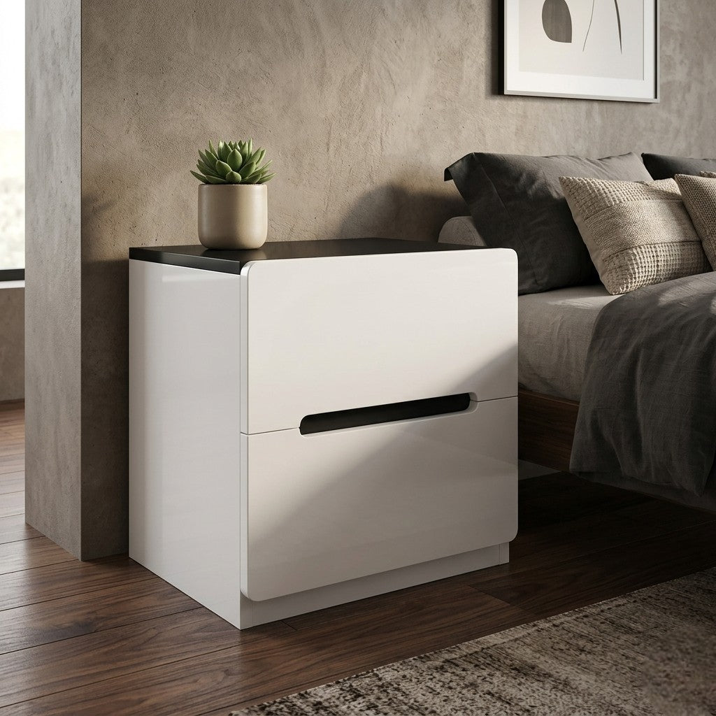 Minimalist Rounded Bedside Table with Concealed Pull Handles and Drawer Storage