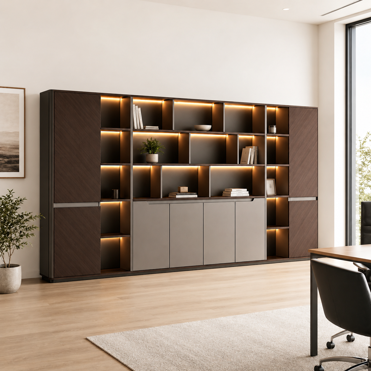 Contemporary Office Storage Wall Unit with LED Display Shelves
