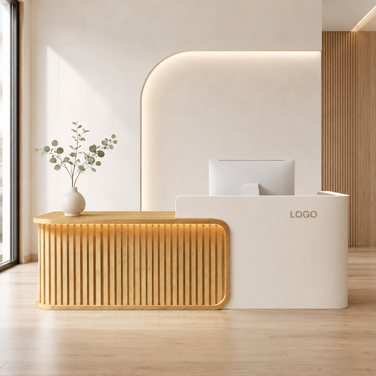 Luxury LED Reception Desk with Fluted Wood Grain Panels and Rounded Edges