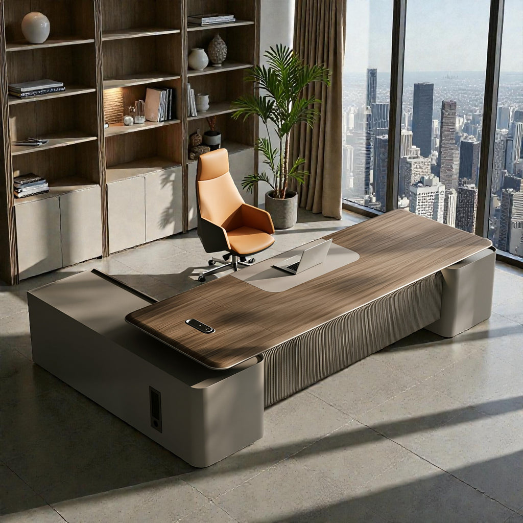 Modern Executive Desk with Matte Graphite Base and Timber Grain Top