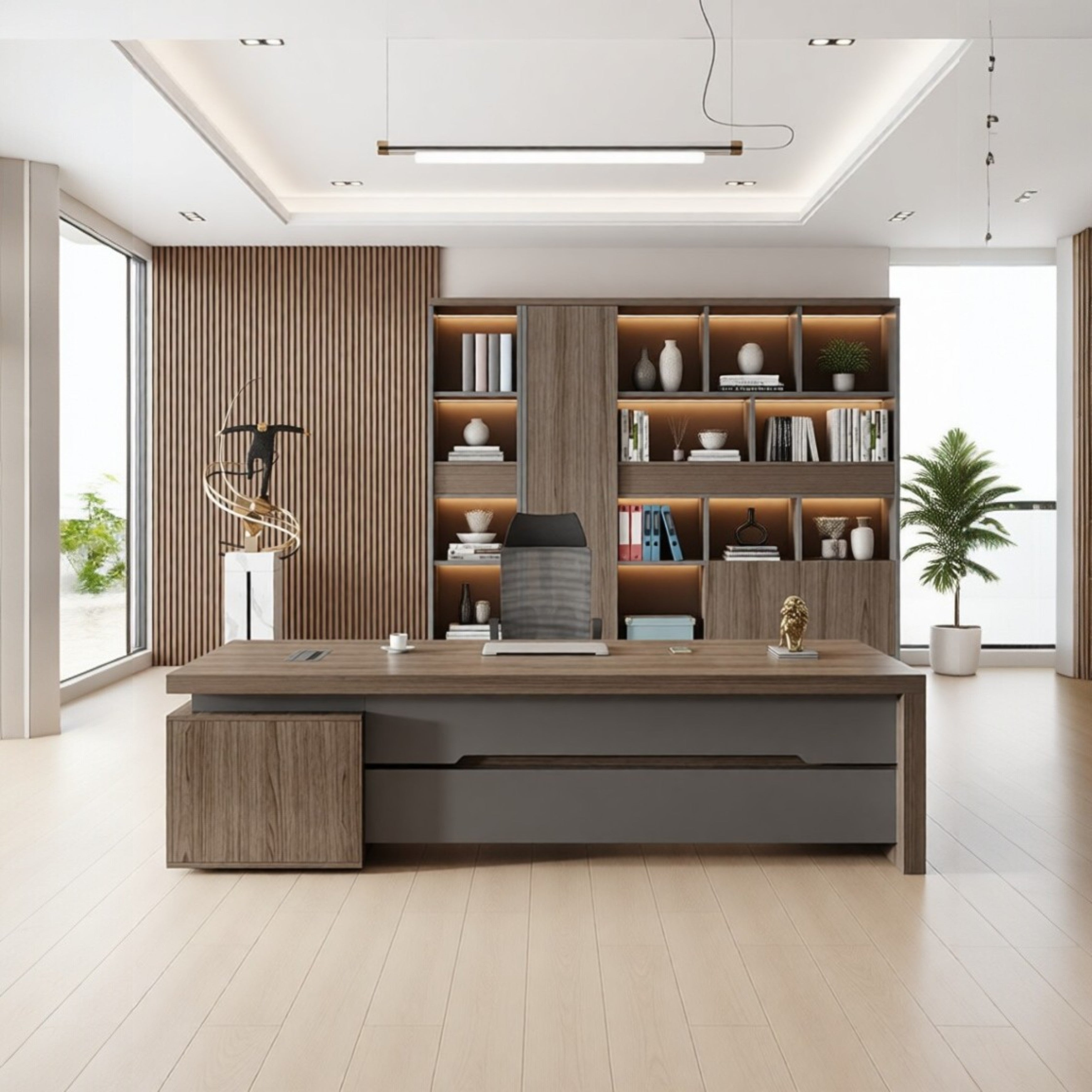 Modern Executive Desk with Storage Cabinet and Statement Wood-Grain Finish