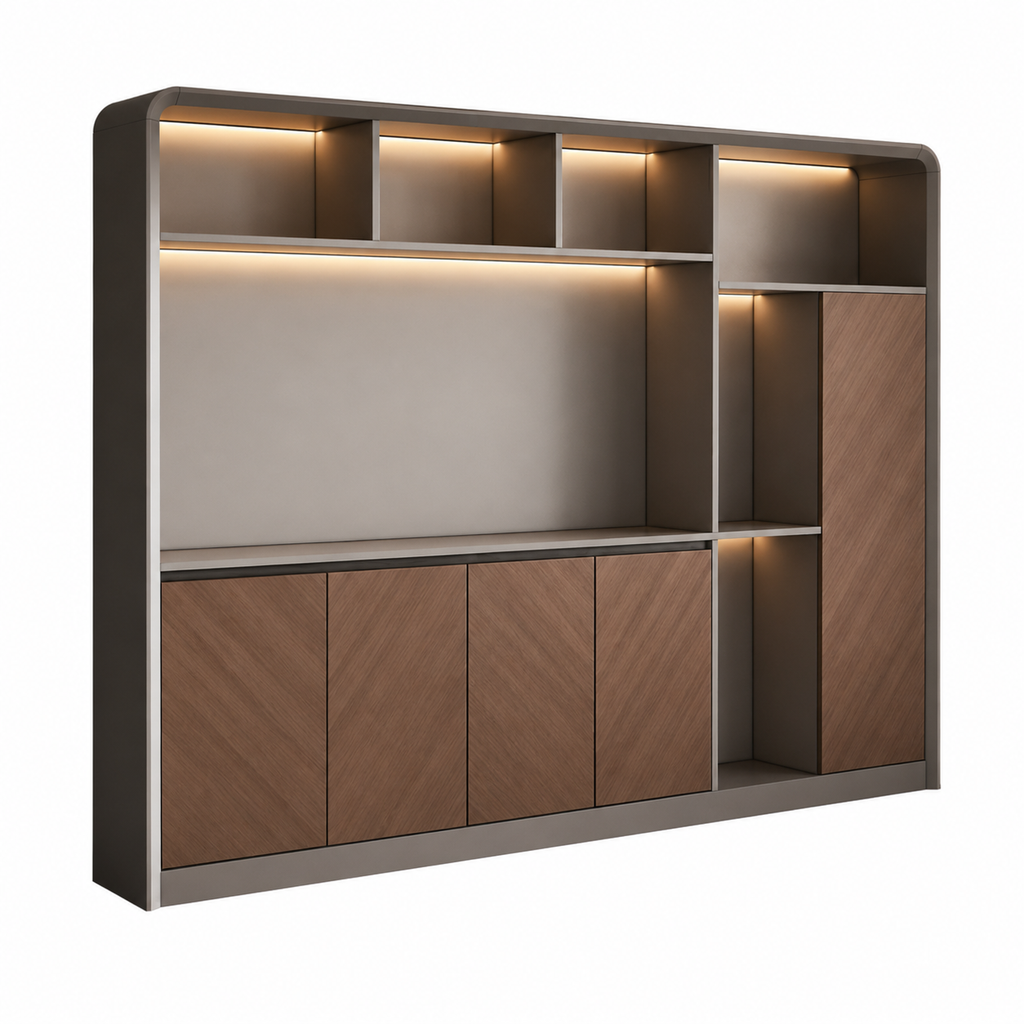Curved-Frame Office Storage Wall Unit with LED Display Shelving