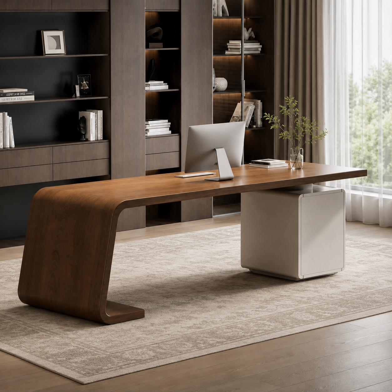 Modern Executive Desk with Curved Timber Side Panel and Integrated Storage