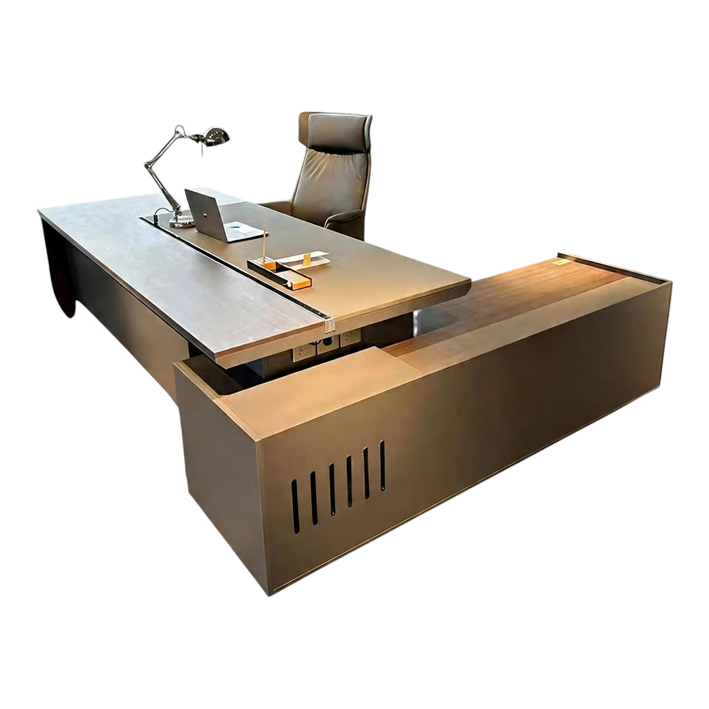 Premier L-Shaped Executive Desk with Floating Walnut Desktop and Linear Slat Storage