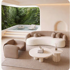 Curved Cream Bouclé Sofa and Round Coffee Table Lounge Set with Accent Armchair