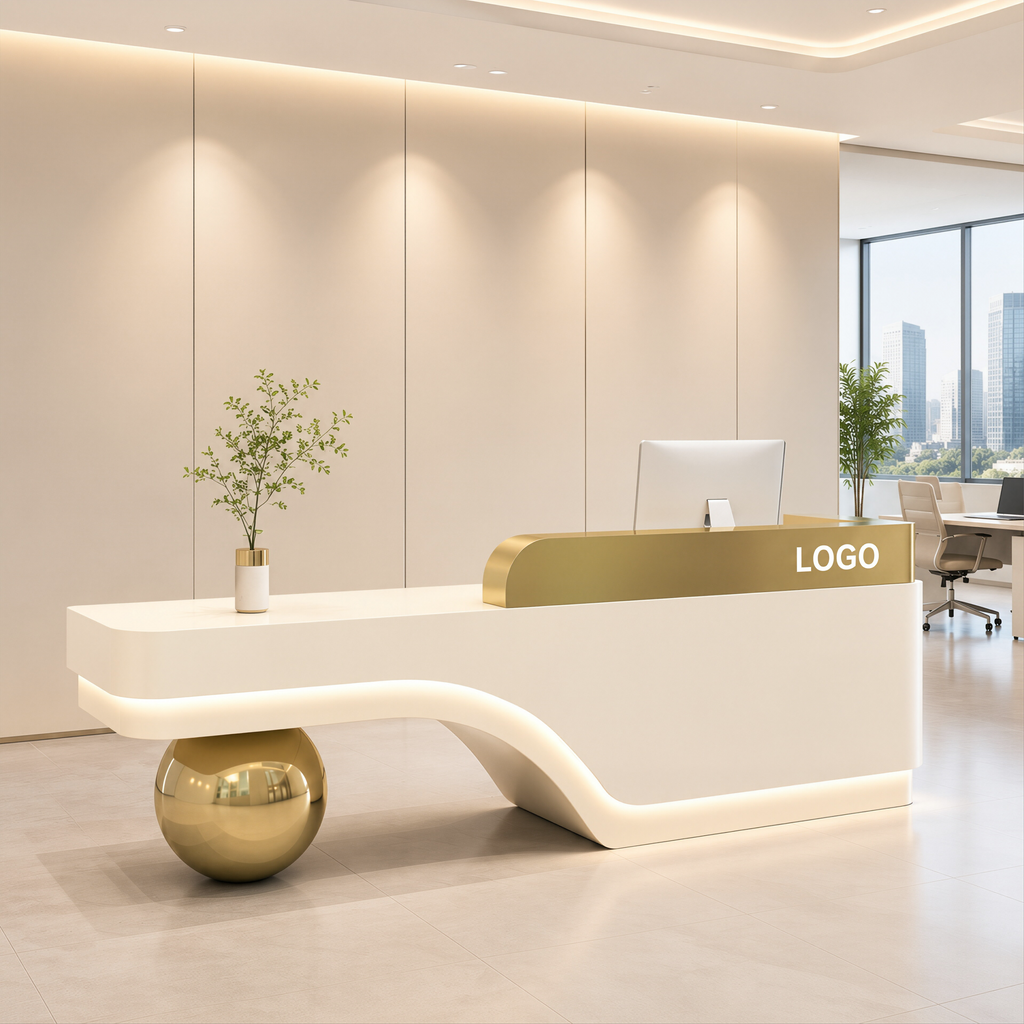 Modern Sculptural Reception Counter with Stainless Steel Base