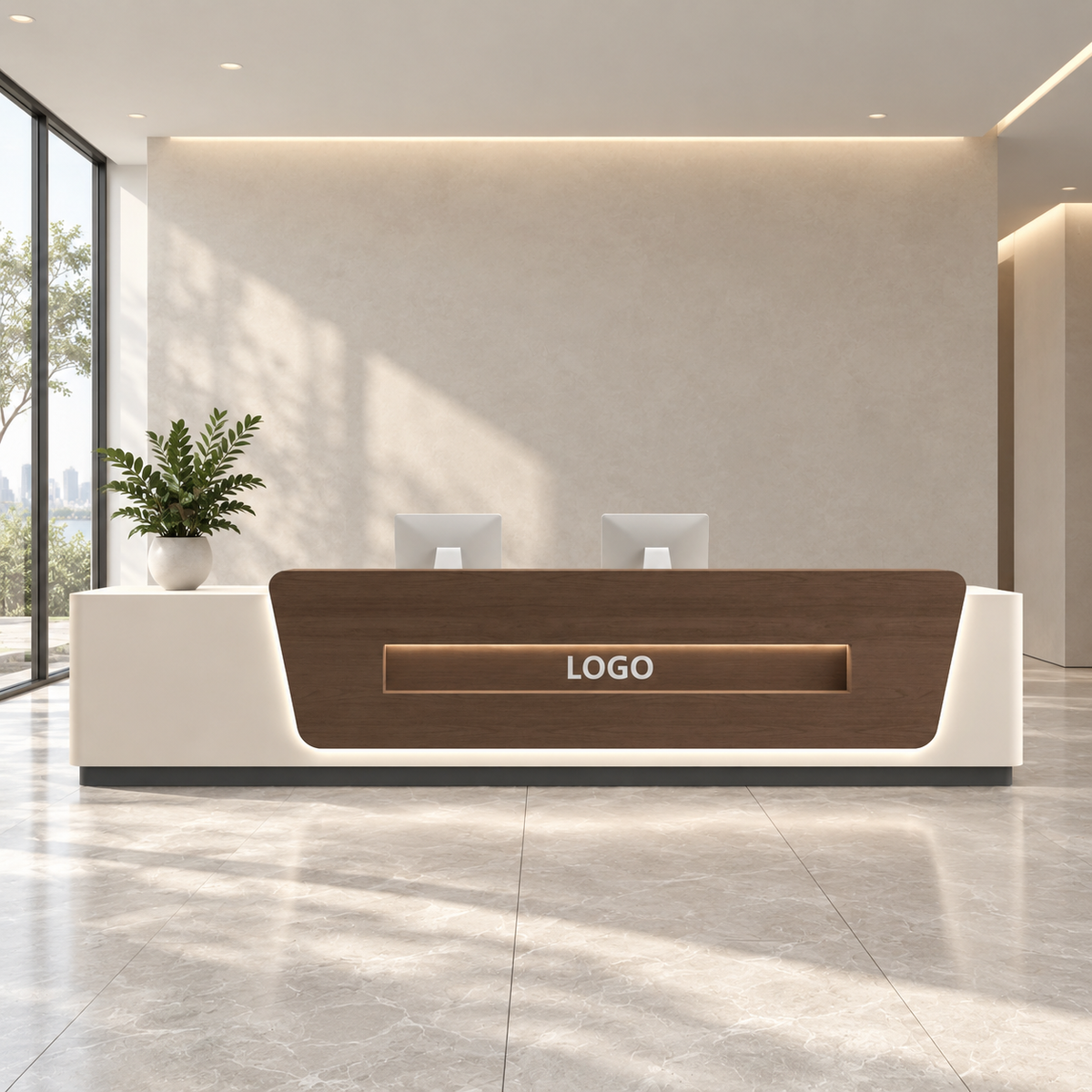 Contemporary Reception Counter with LED Lighting, Lockable Storage and Custom Logo