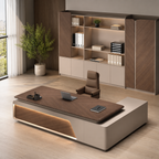 Luxury L-Shaped Executive Office Desk with Walnut-Style Top, Side Return Cabinet and LED Feature Panel