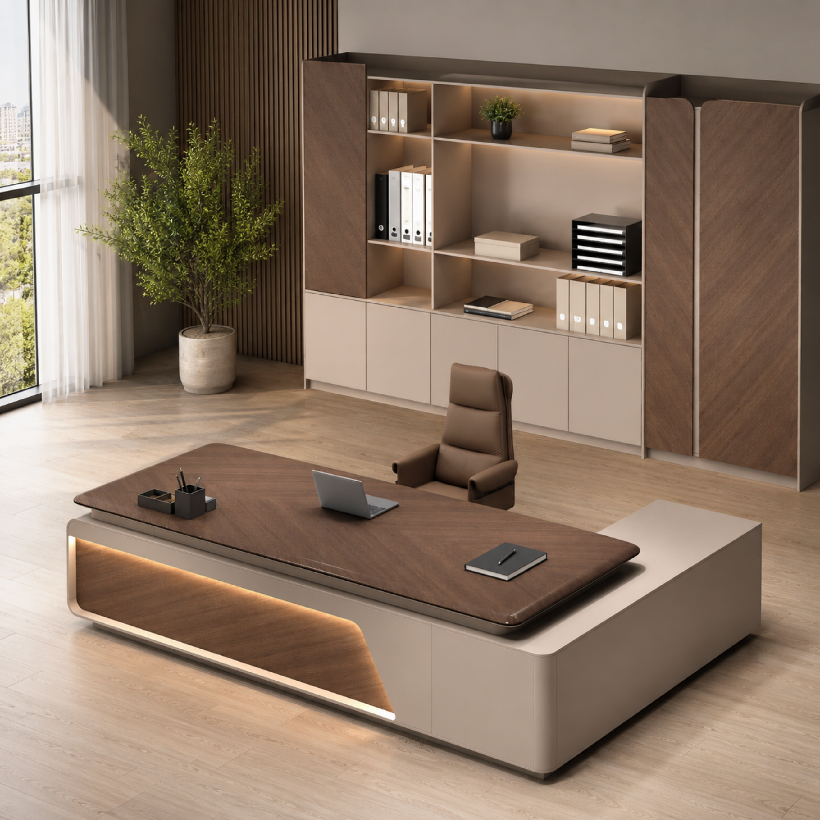 Luxury L-Shaped Executive Office Desk with Walnut-Style Top, Side Return Cabinet and LED Feature Panel