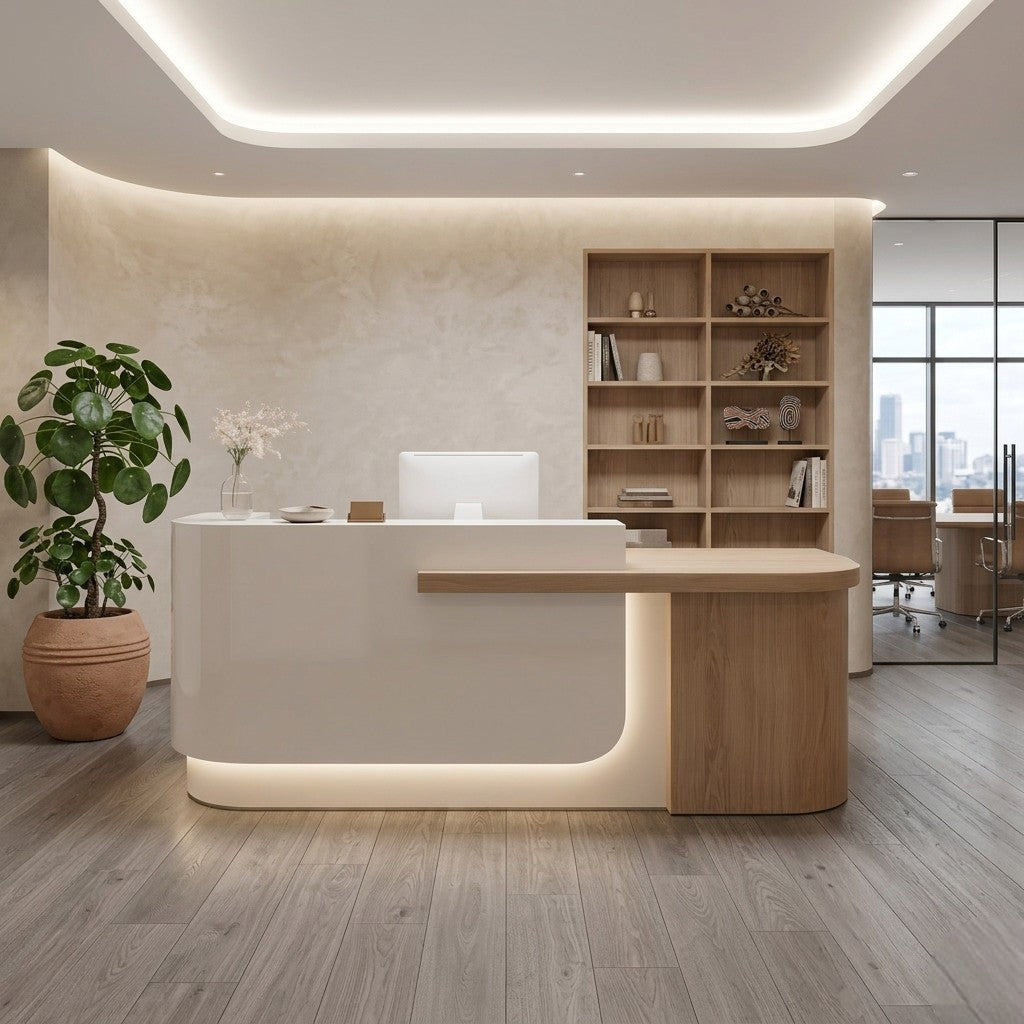 Modern Curved Reception Desk with Return Counter and Timber-Look Side Panel