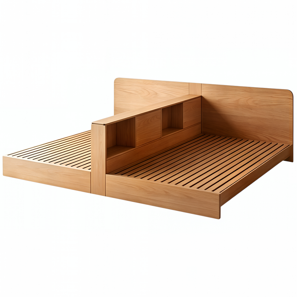 Natural Timber Twin Storage Bed with Divider Shelf