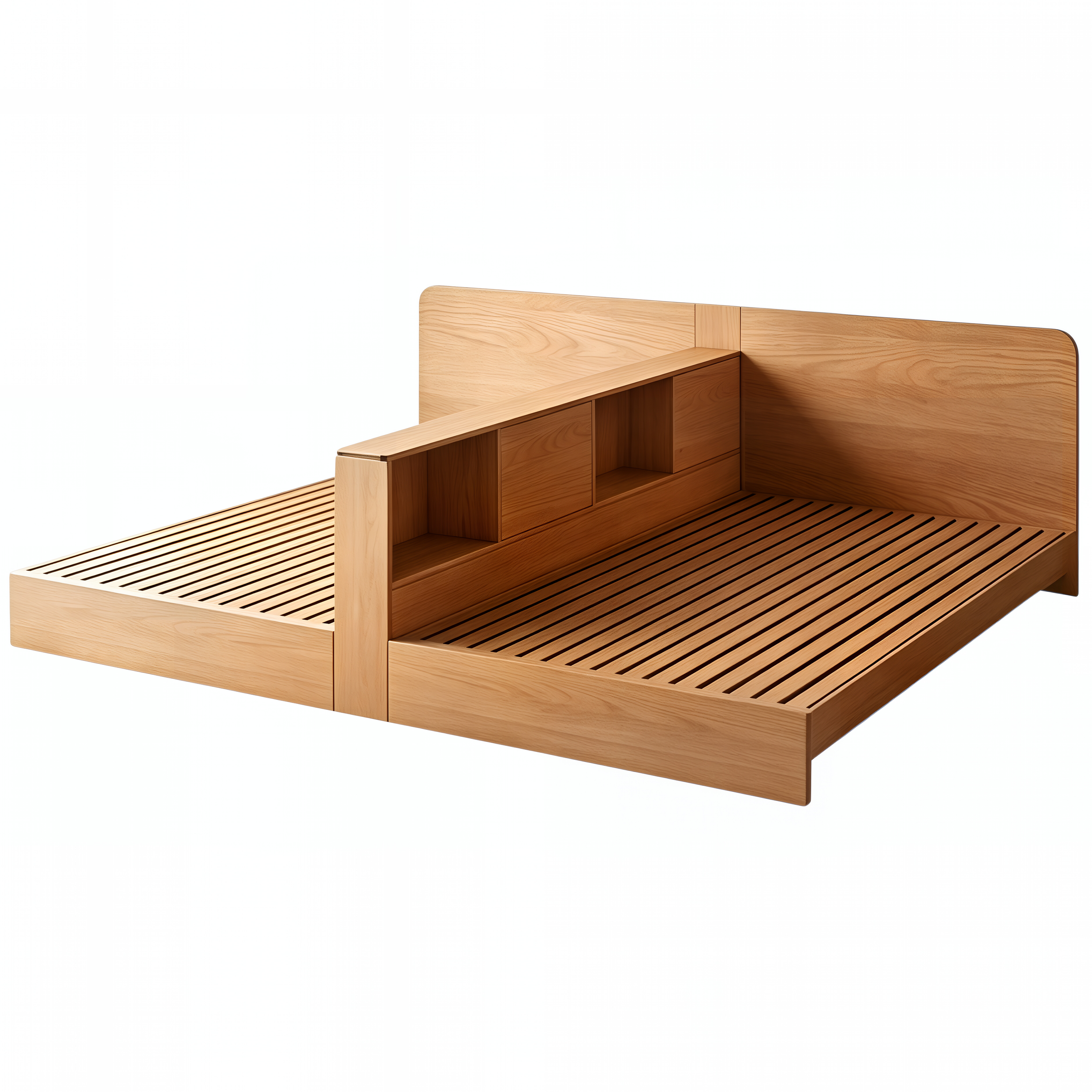 Natural Timber Twin Storage Bed with Divider Shelf