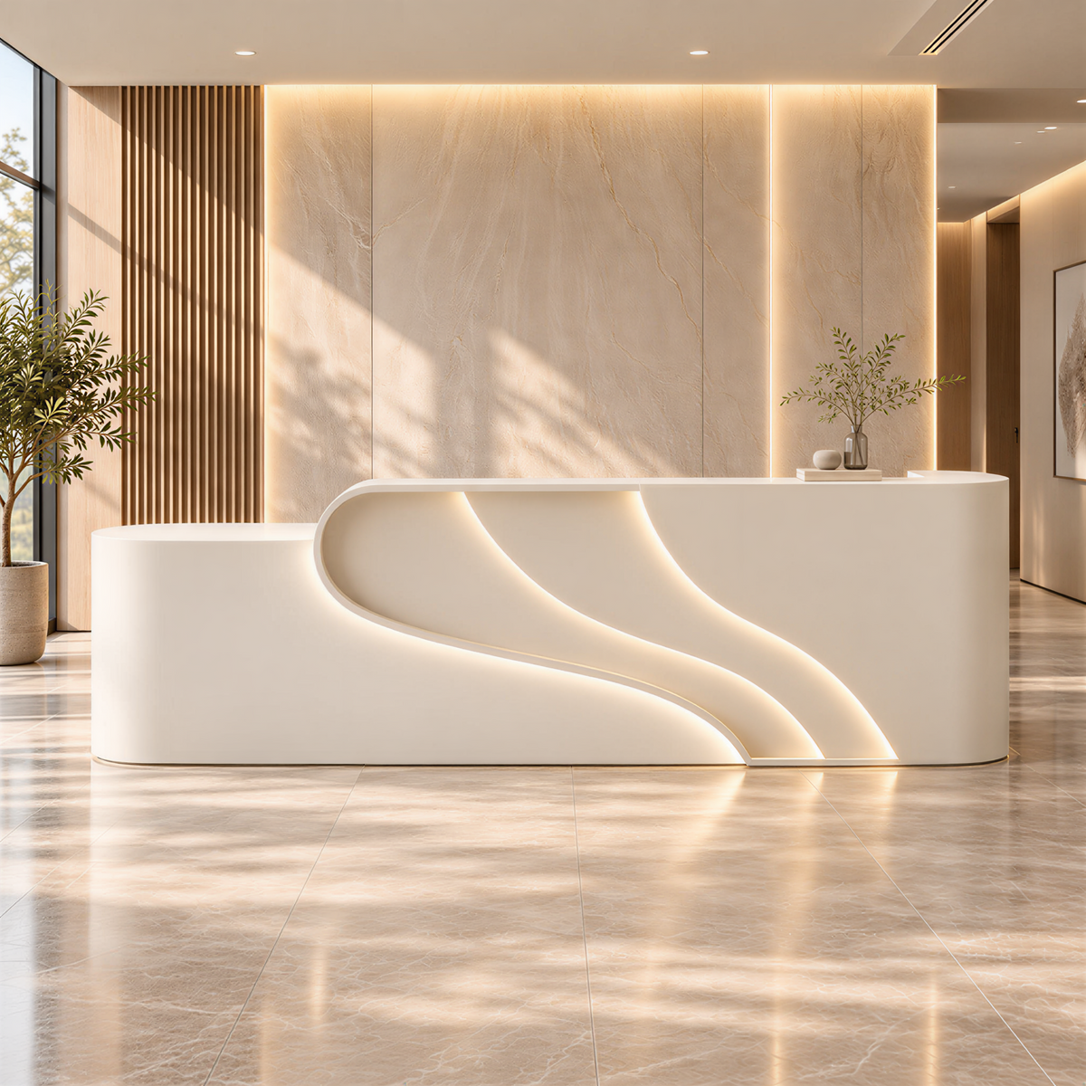Modern Reception Counter with Sculptural Wave Design and Custom Finishes