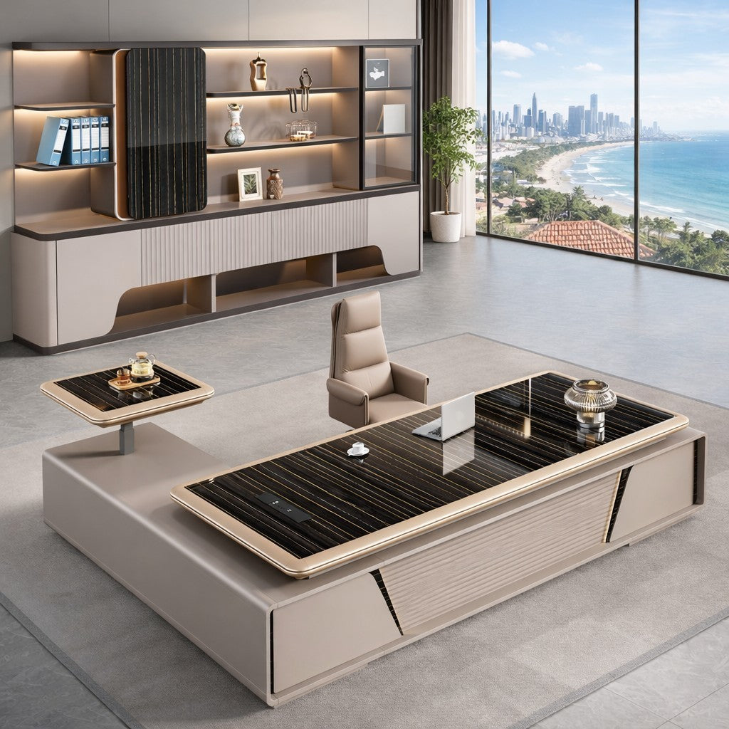 Luxury Black Glass-Top Executive Desk with Lift Side Table and Fluted Front Panel
