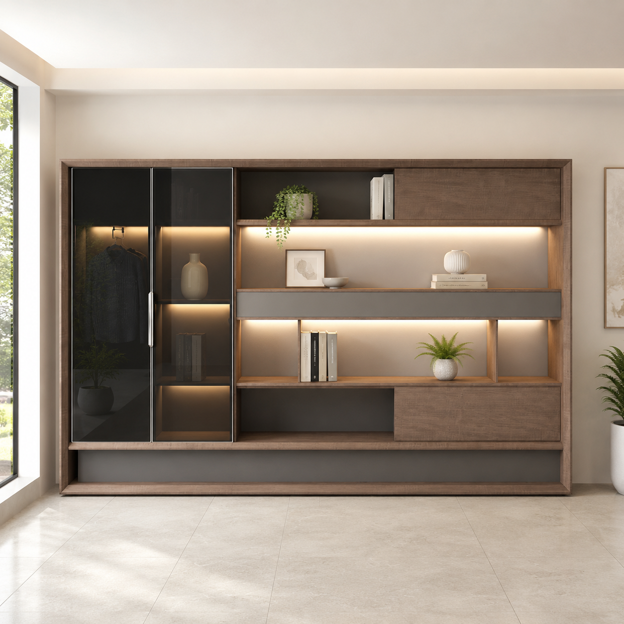Modern Office Storage Cabinet with Glass Wardrobe and LED Display Shelves