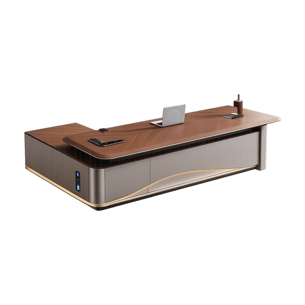 Luxurious L-Shaped Executive Desk with Integrated Wireless Charging Hub and LED Ambient Lighting