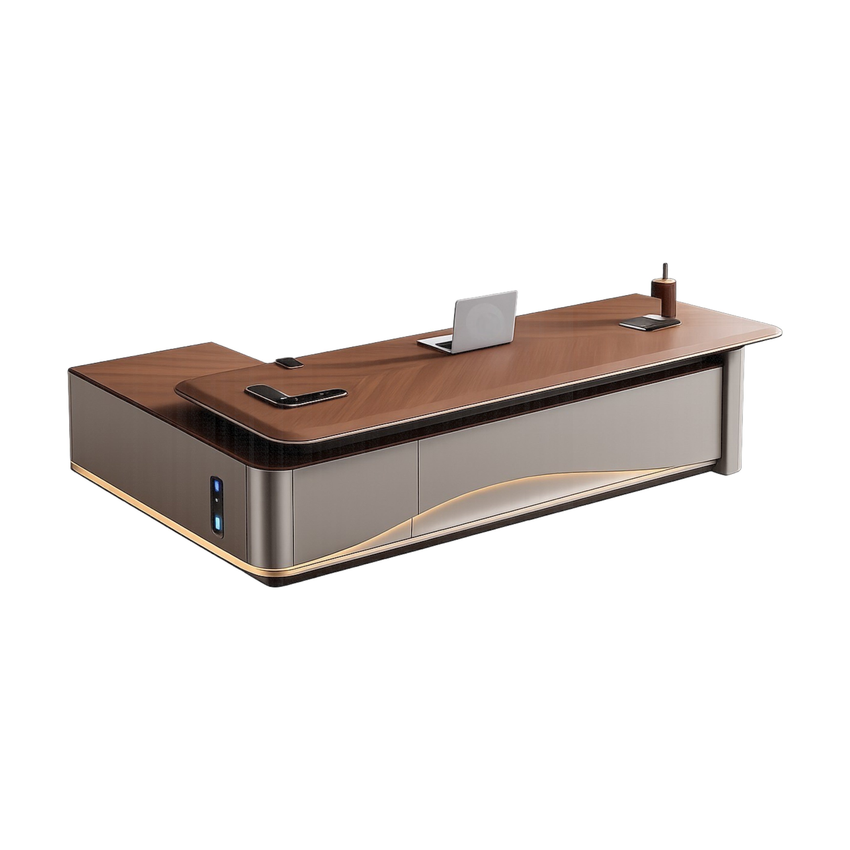 Luxurious L-Shaped Executive Desk with Integrated Wireless Charging Hub and LED Ambient Lighting