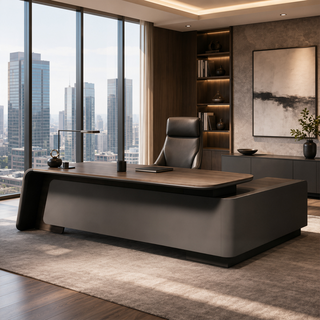 Executive Curve Desk with Integrated Storage Return