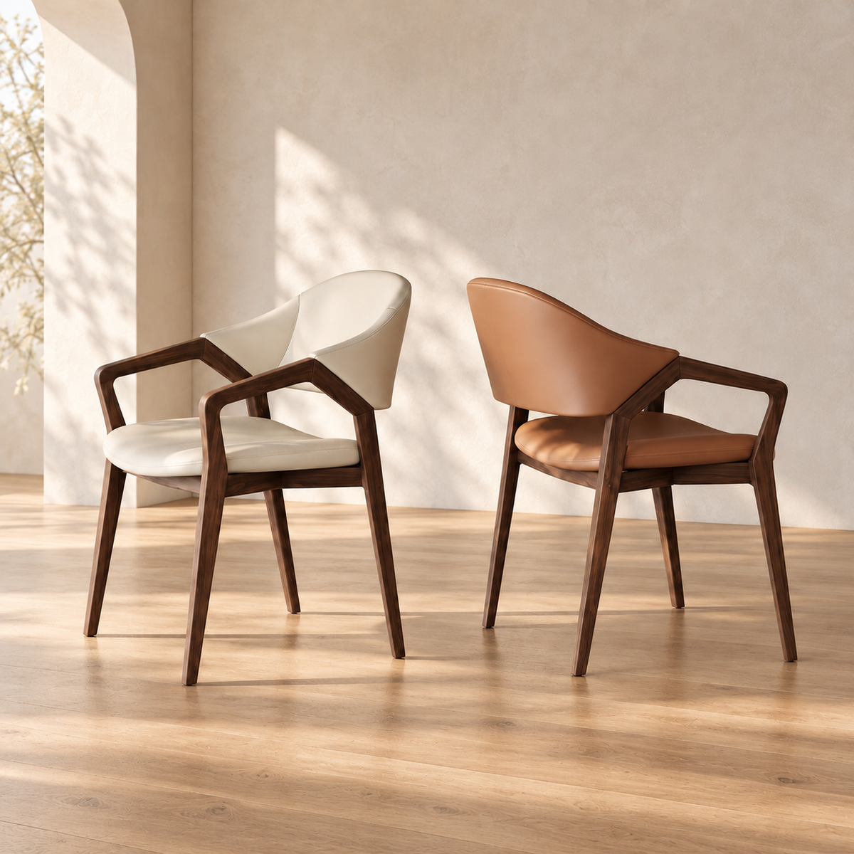 Modern Leather Accent Chair with Solid Ash Wood Frame and Curved Backrest