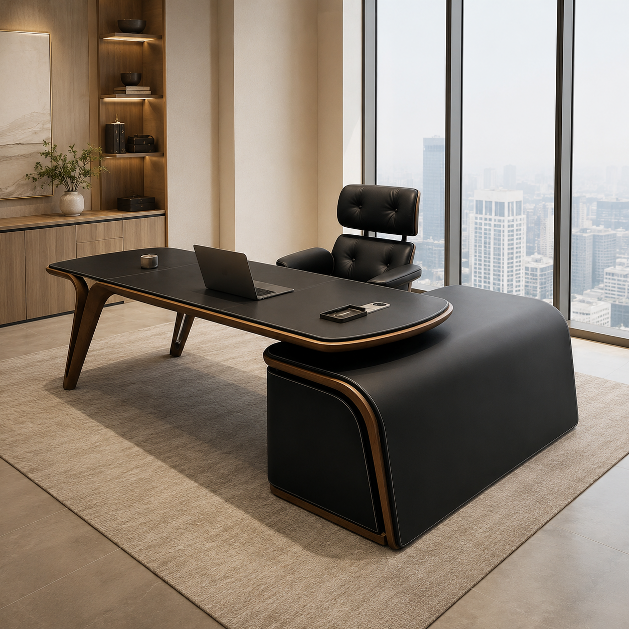 Modern Executive Office Desk with Curved Return Cabinet and Black Desktop