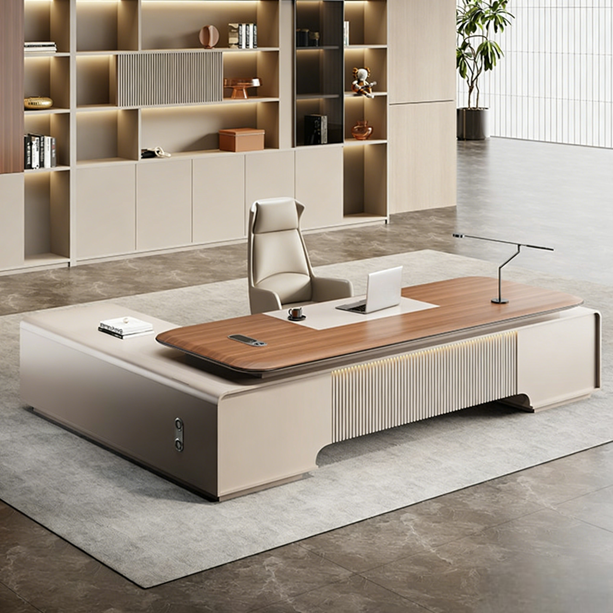 Contemporary Timber Executive Desk with Slatted Front and Matching Storage Wall