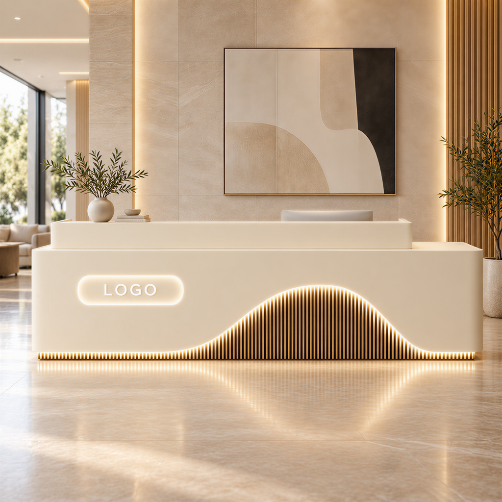 Contemporary Reception Counter with LED Fluted Panel and Custom Logo