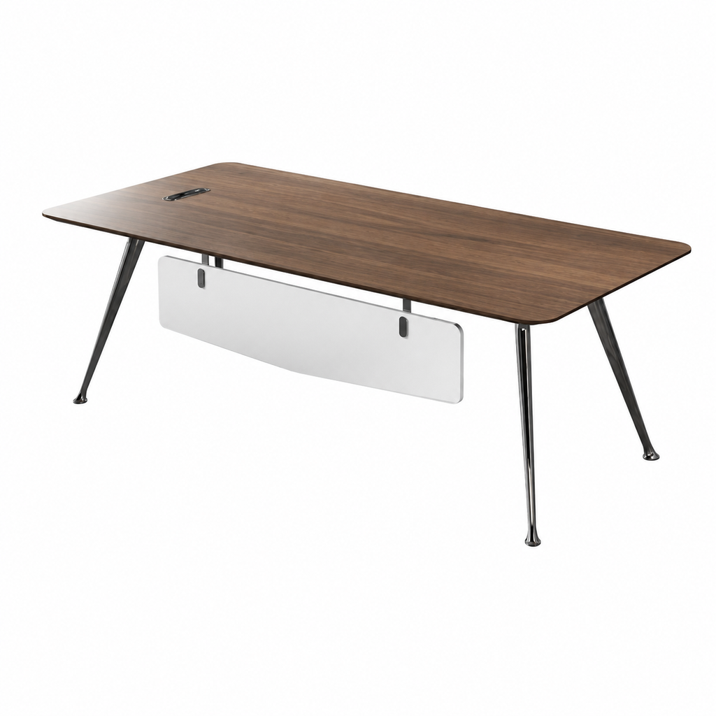 Modern Executive Desk with Walnut-Style Worktop, Privacy Panel and Chrome Tapered Legs