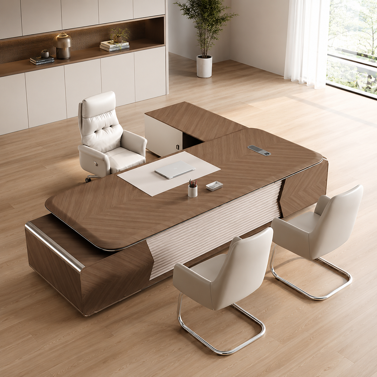 Modern L-Shaped Executive Office Desk with Integrated Storage