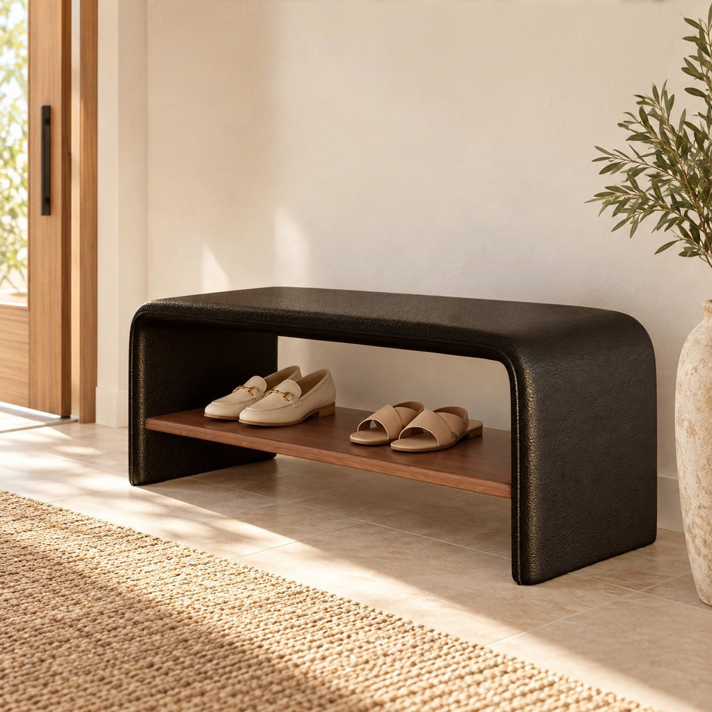 Modern Upholstered Storage Bench with Pine Shelf and Custom Colours