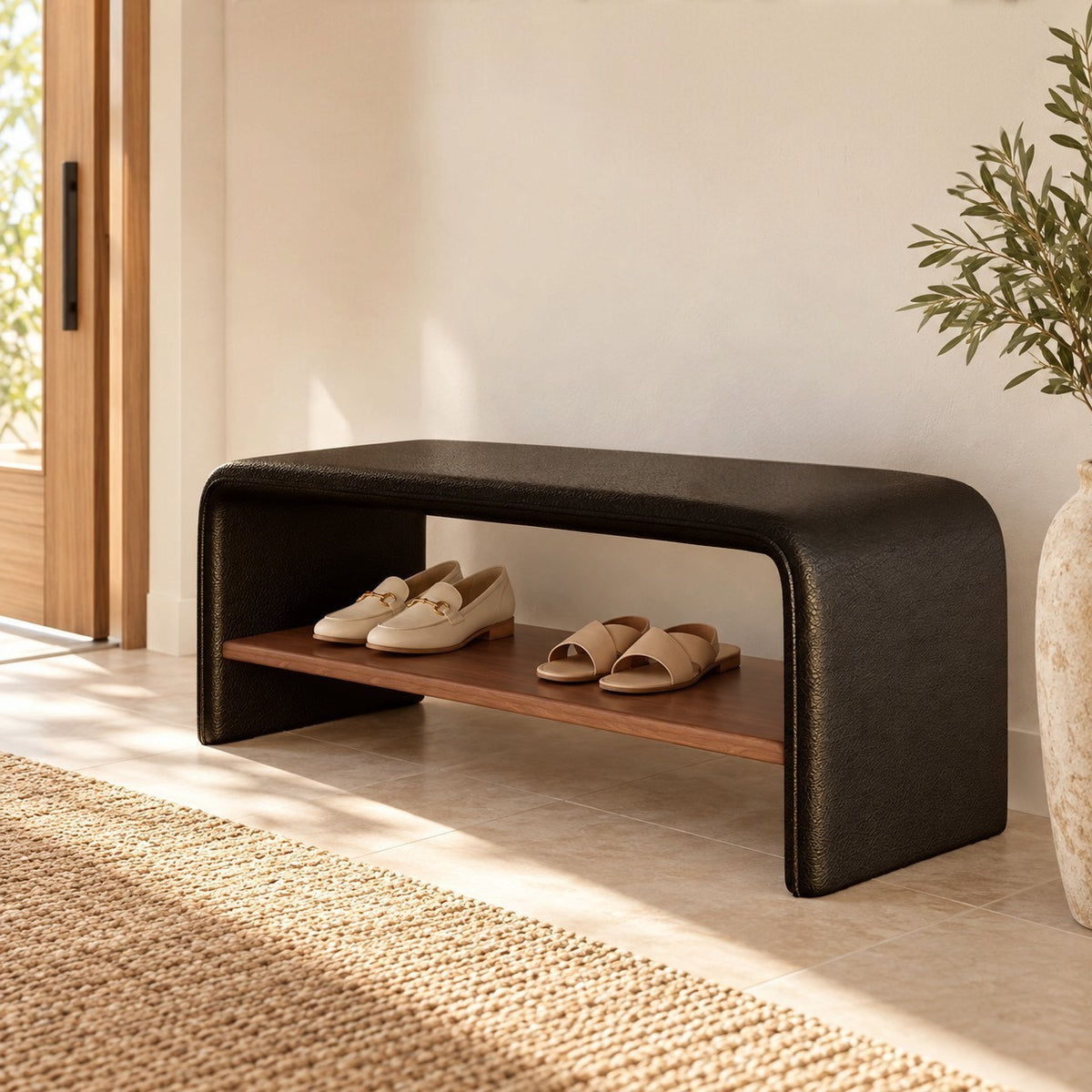 Modern Upholstered Storage Bench with Pine Shelf and Custom Colours