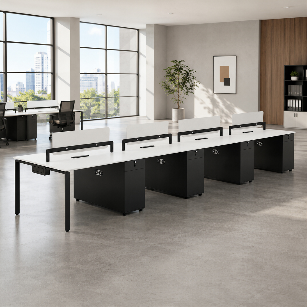 Modern Bench Workstation with Privacy Screens and Integrated Power