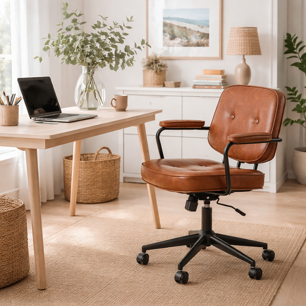 Retro Mid-Century Swivel Home Office Chair with Tan Faux Leather and Padded Armrests