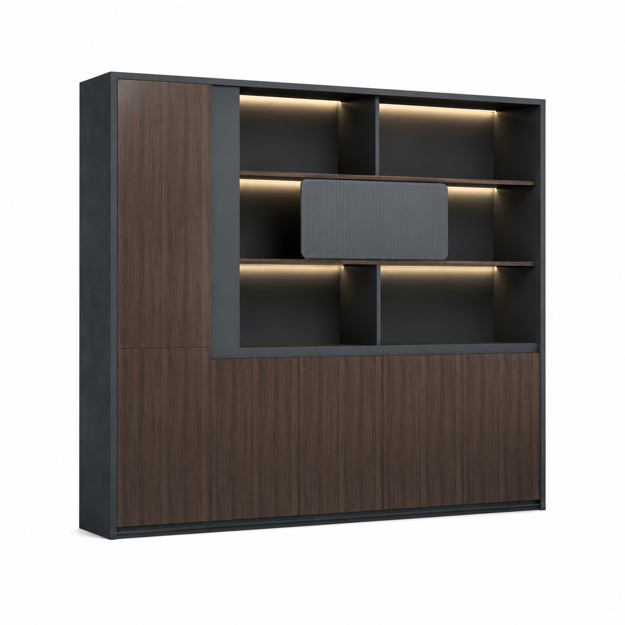 Dark Woodgrain Modern Executive Filing Cabinet with Glass Display Shelving