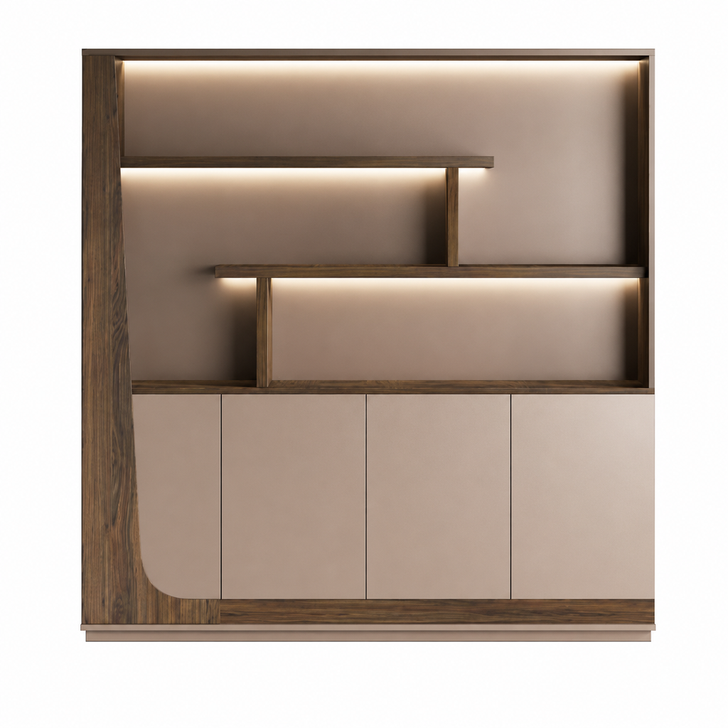 Modern Storage Wall Unit with LED Lighting, Hidden Wardrobe and Push Open Cabinets
