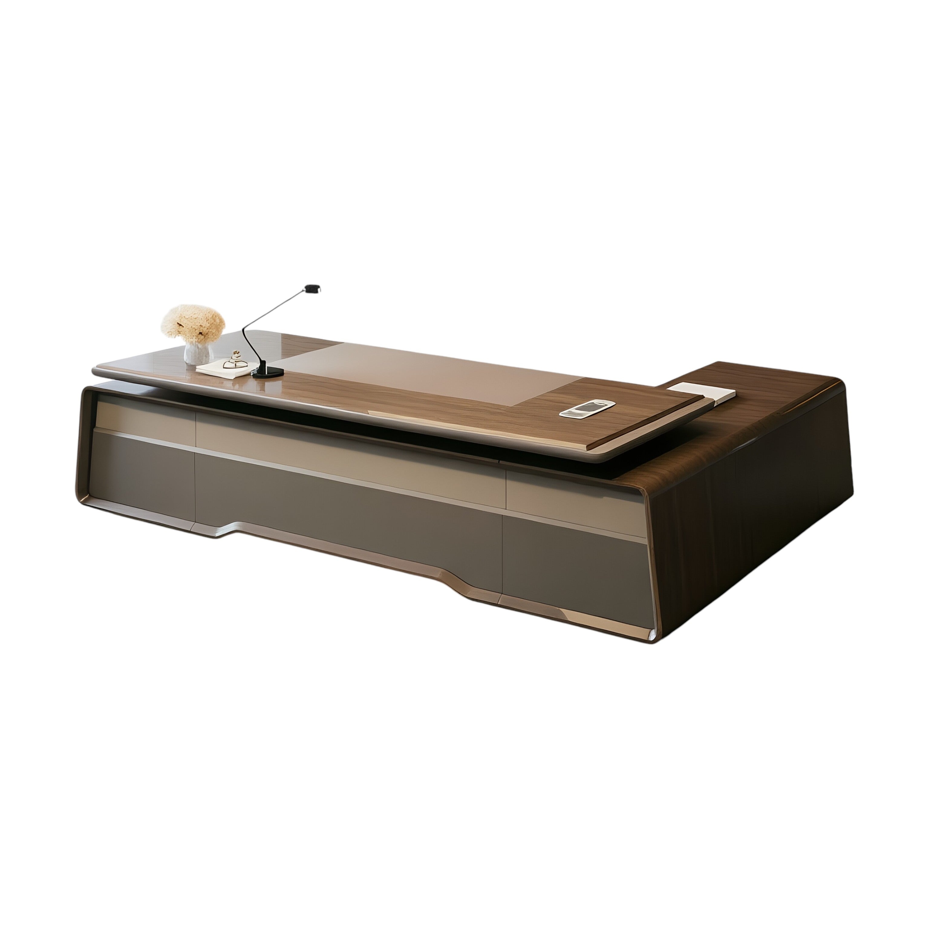 Luxury L-Shaped Executive Desk with Leather Wrapped Panels and Beveled Edge Detailing