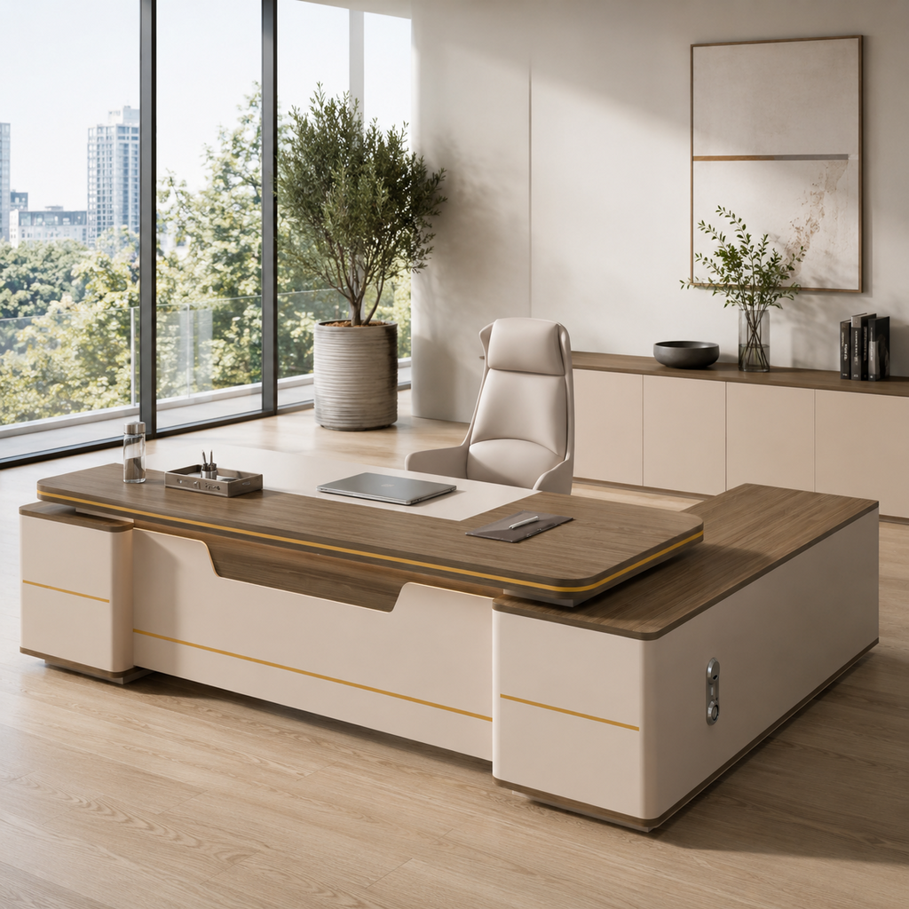 Modern L-Shaped Executive Office Desk with Return Storage, Lockable Drawers and Walnut-Look Worktop