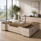 Modern L-Shaped Executive Office Desk with Return Storage, Lockable Drawers and Walnut-Look Worktop