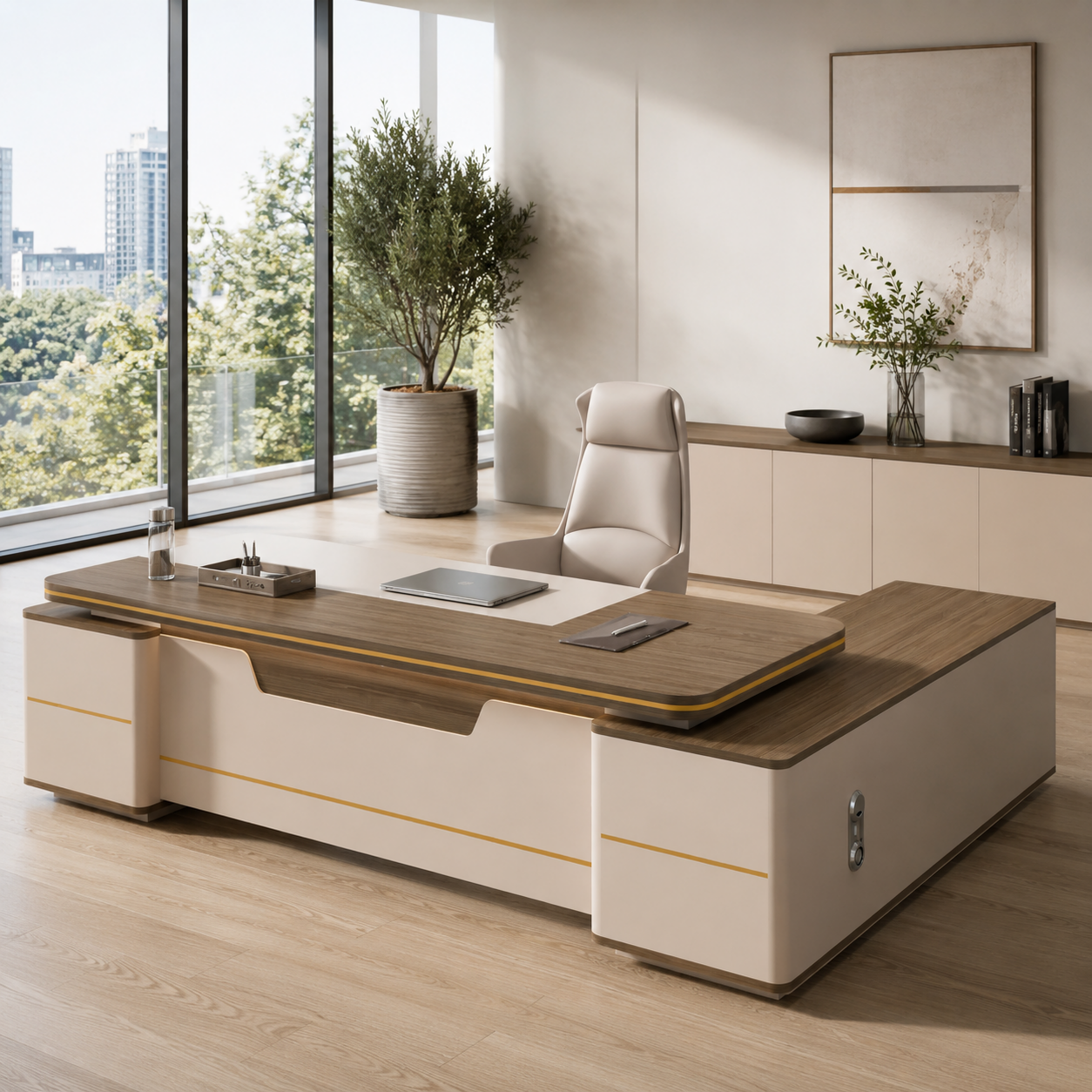 Modern L-Shaped Executive Office Desk with Return Storage, Lockable Drawers and Walnut-Look Worktop