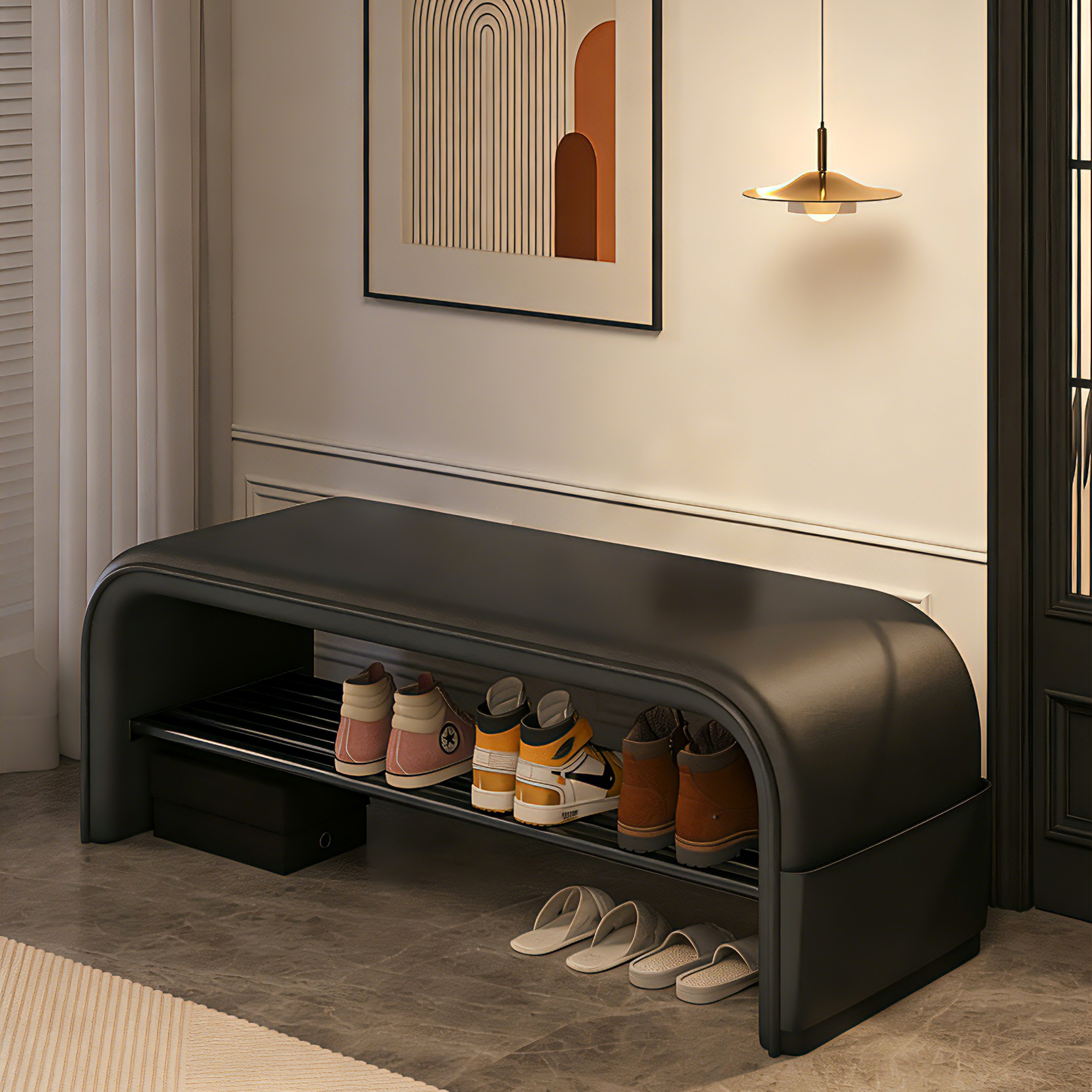 Modern Entryway Shoe Bench with Side Pocket