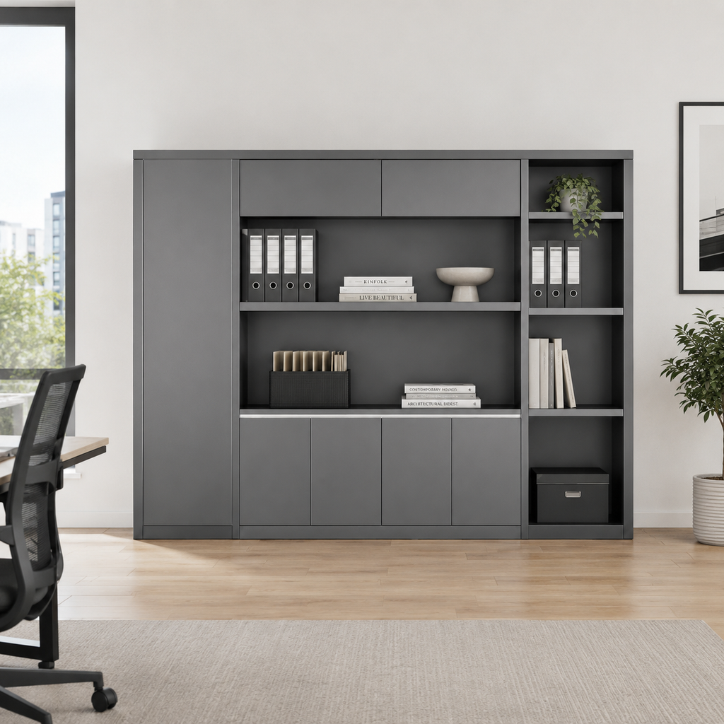 Freestanding Office Storage Wall Unit with Open Shelving and Cupboard Space