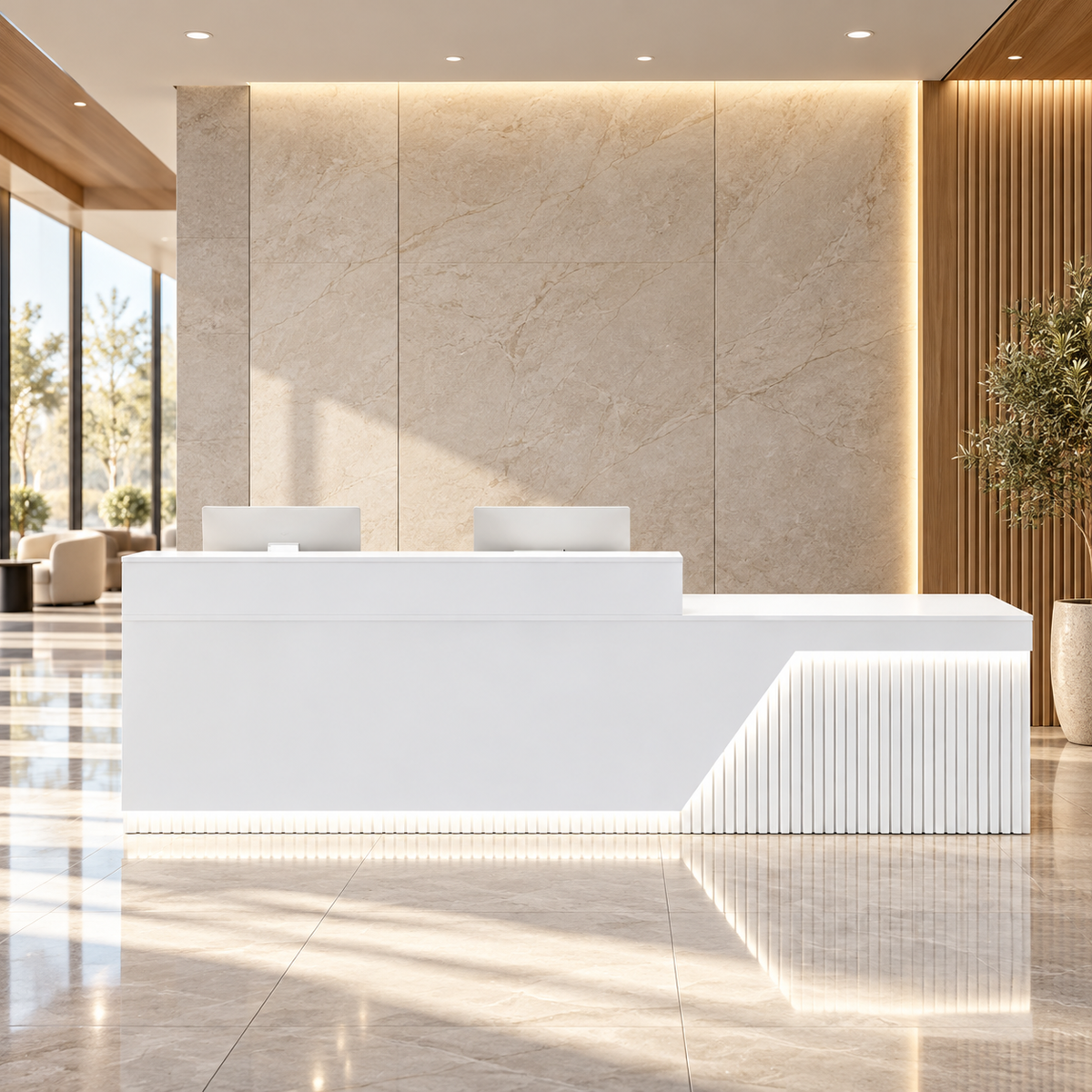 Modern LED Reception Counter with Fluted Panel Design